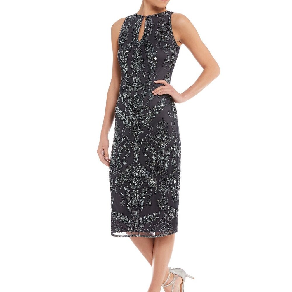 ✨ Pisarro Nights Slate Beaded Sheath Dress – Size 8, NWT ✨